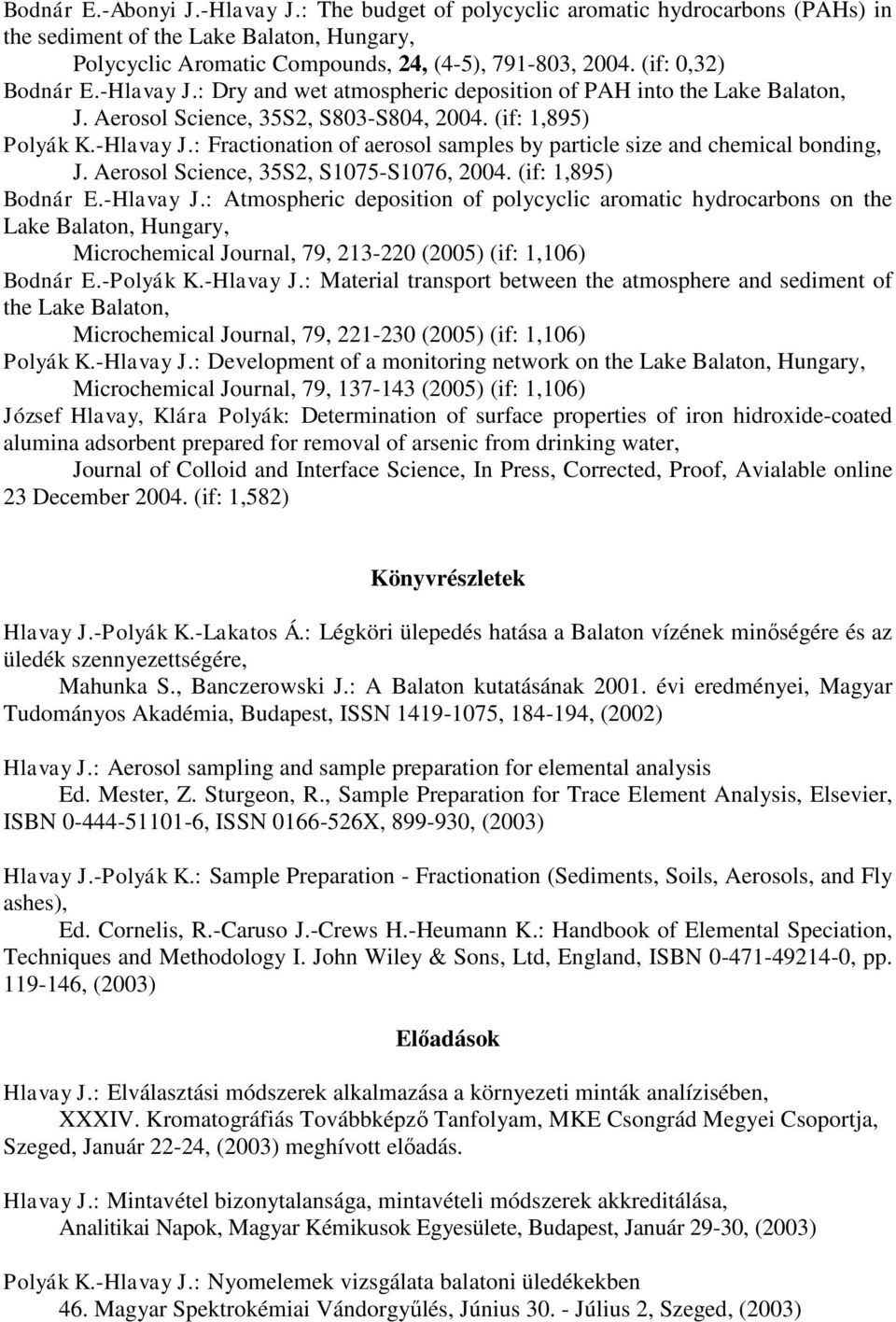 Aerosol Science, 35S2, S1075-S1076, 2004. (if: 1,895) Bodnár E.-Hlavay J.