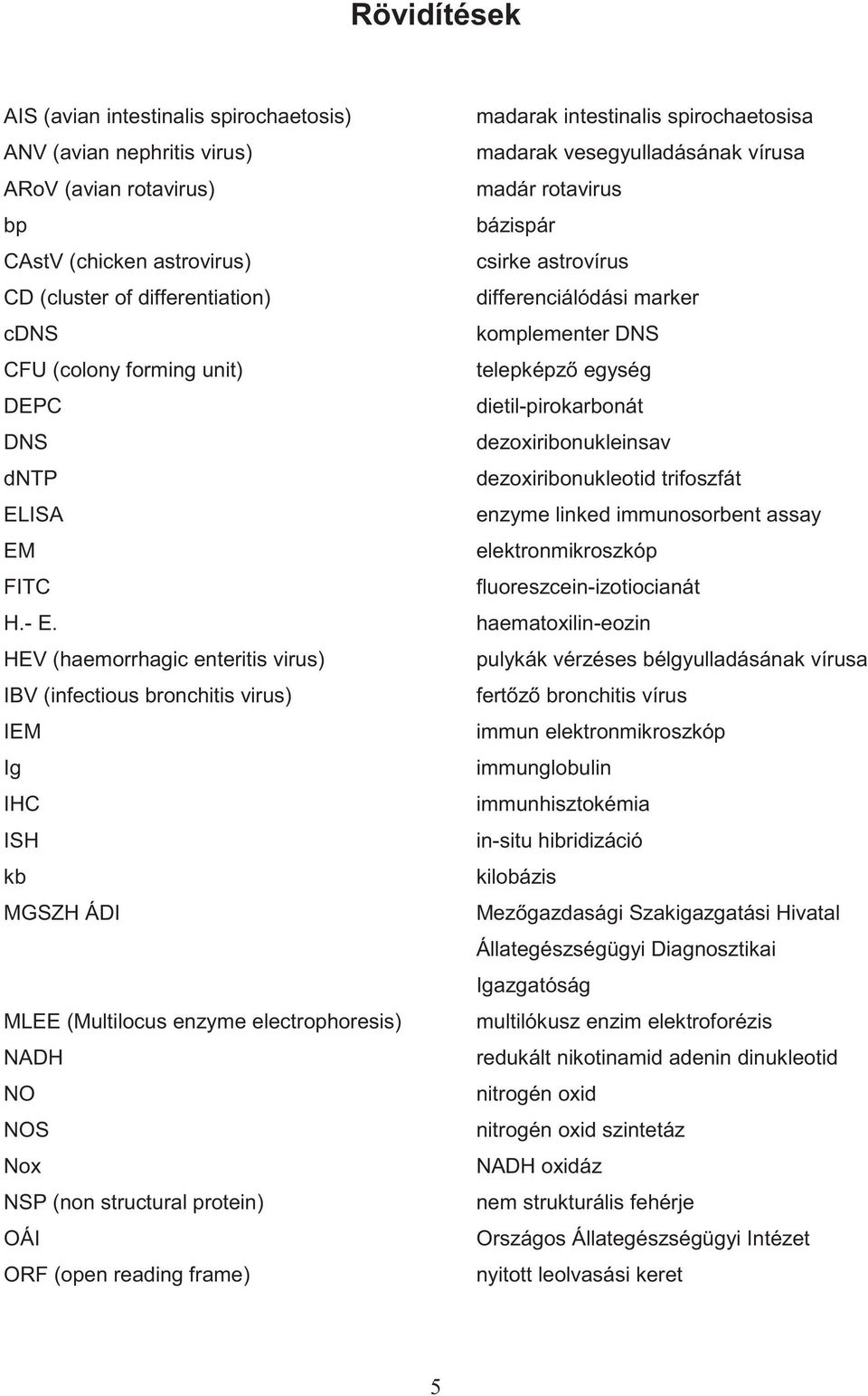 HEV (haemorrhagic enteritis virus) IBV (infectious bronchitis virus) IEM Ig IHC ISH kb MGSZH ÁDI MLEE (Multilocus enzyme electrophoresis) NADH NO NOS Nox NSP (non structural protein) OÁI ORF (open