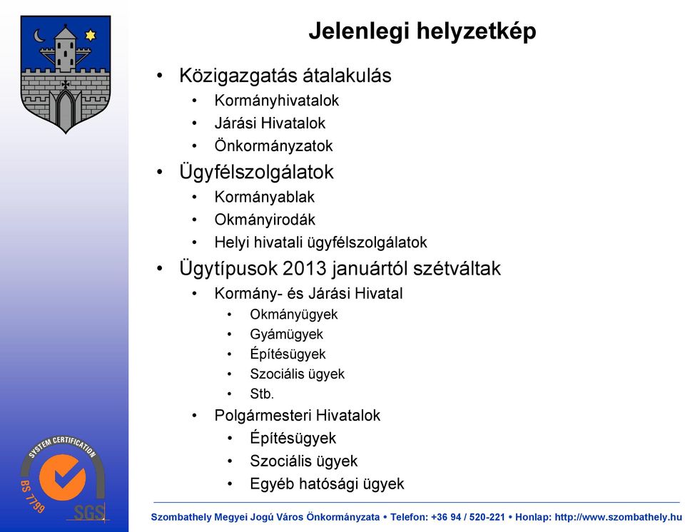 2013 januártól szétváltak Kormány- és Járási Hivatal Okmányügyek Gyámügyek Építésügyek