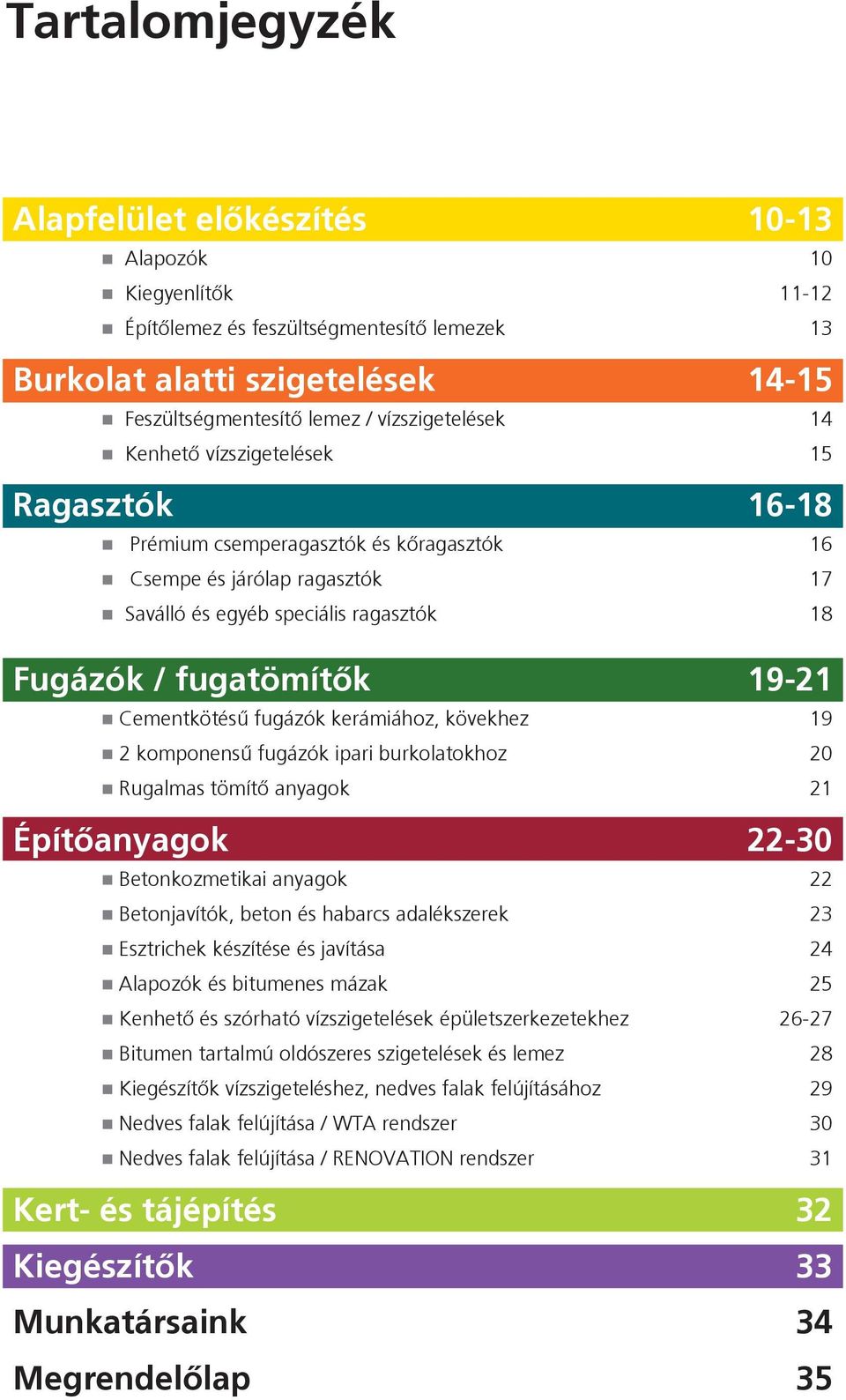 fugatömítők 19-21 n Cementkötésű fugázók kerámiához, kövekhez 19 n 2 komponensű fugázók ipari burkolatokhoz 20 n Rugalmas tömítő anyagok 21 Építőanyagok 22-30 n Betonkozmetikai anyagok 22 n