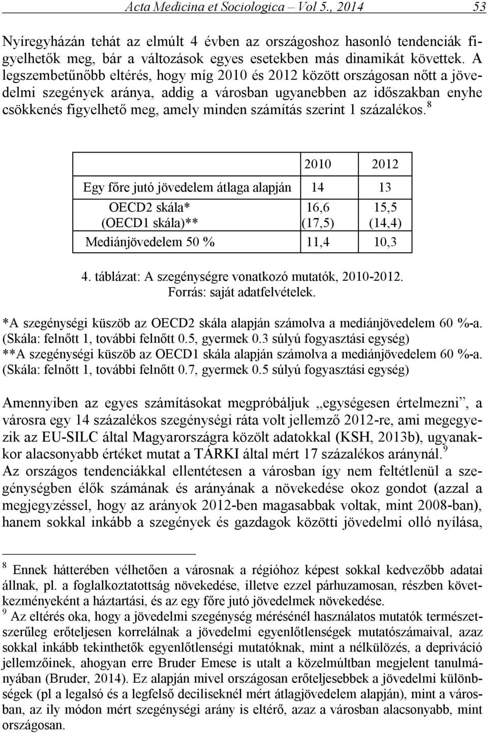 szerint 1 százalékos. 8 2010 2012 Egy főre jutó jövedelem átlaga alapján 14 13 OECD2 skála* (OECD1 skála)** 16,6 (17,5) 15,5 (14,4) Mediánjövedelem 50 % 11,4 10,3 4.