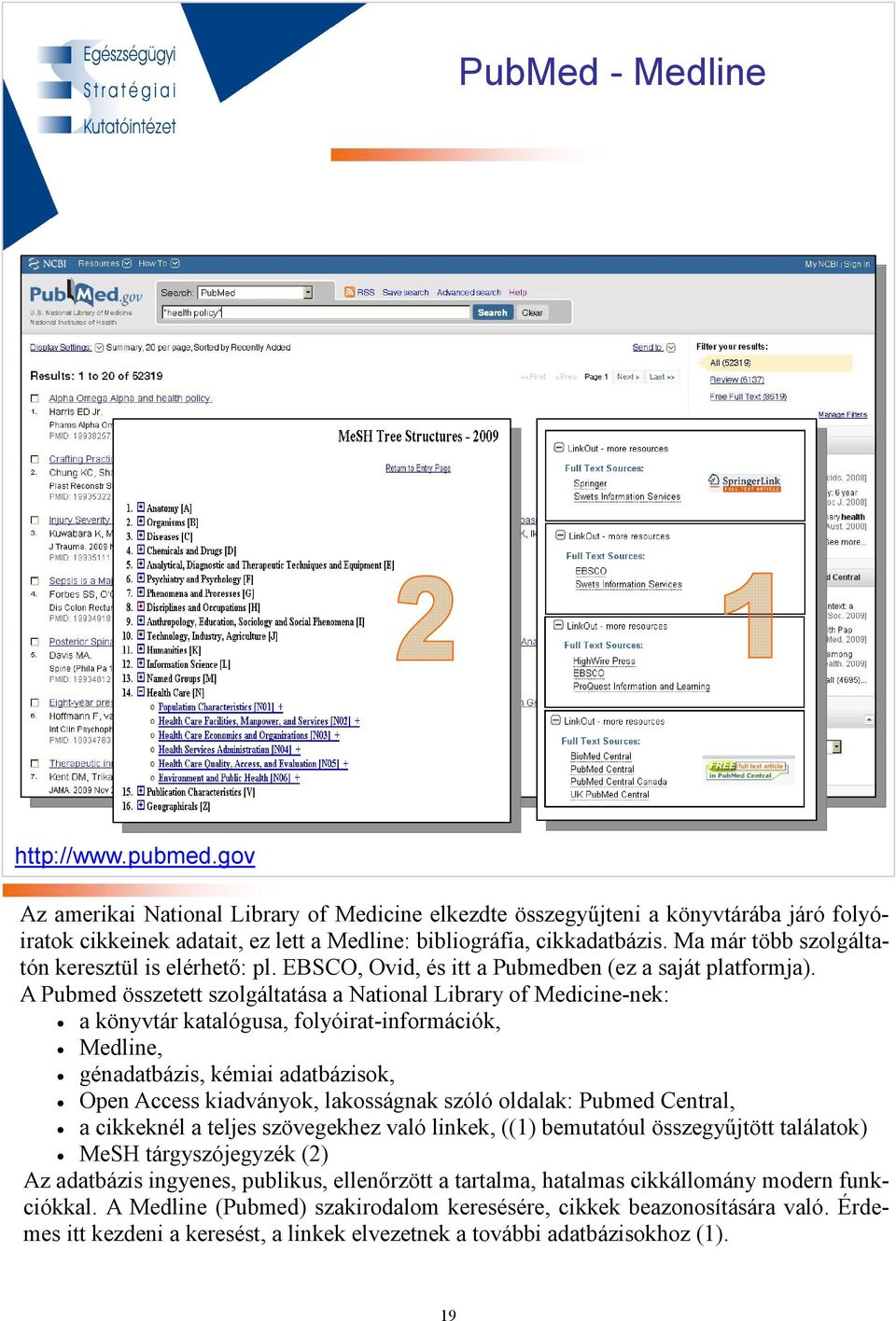 A Pubmed összetett szolgáltatása a National Library of Medicine-nek: a könyvtár katalógusa, folyóirat-információk, Medline, génadatbázis, kémiai adatbázisok, Open Access kiadványok, lakosságnak szóló