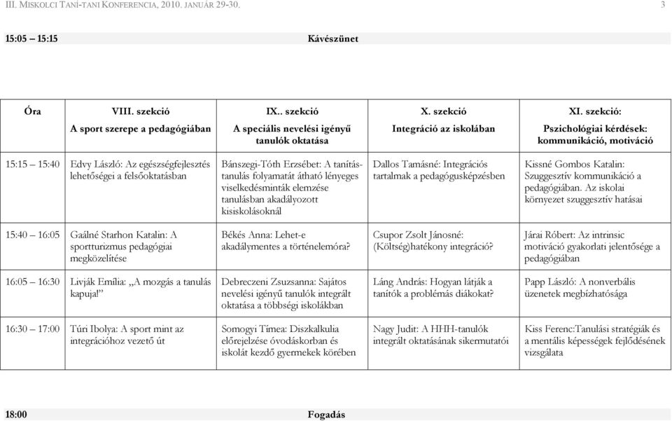 egészségfejlesztés lehetıségei a felsıoktatásban Bánszegi-Tóth Erzsébet: A tanítástanulás folyamatát átható lényeges viselkedésminták elemzése tanulásban akadályozott kisiskolásoknál Dallos Tamásné: