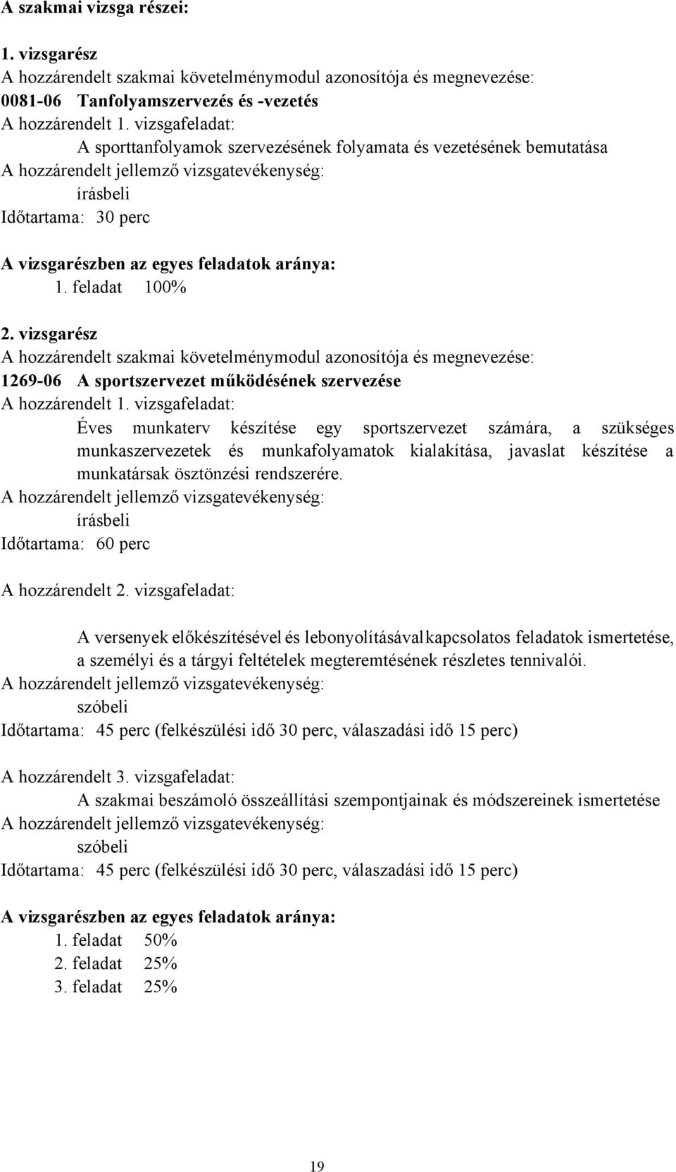 1. feladat 100% 2. vizsgarész A hozzárendelt szakmai követelménymodul azonosítója és megnevezése: 1269-06 A sportszervezet működésének szervezése A hozzárendelt 1.