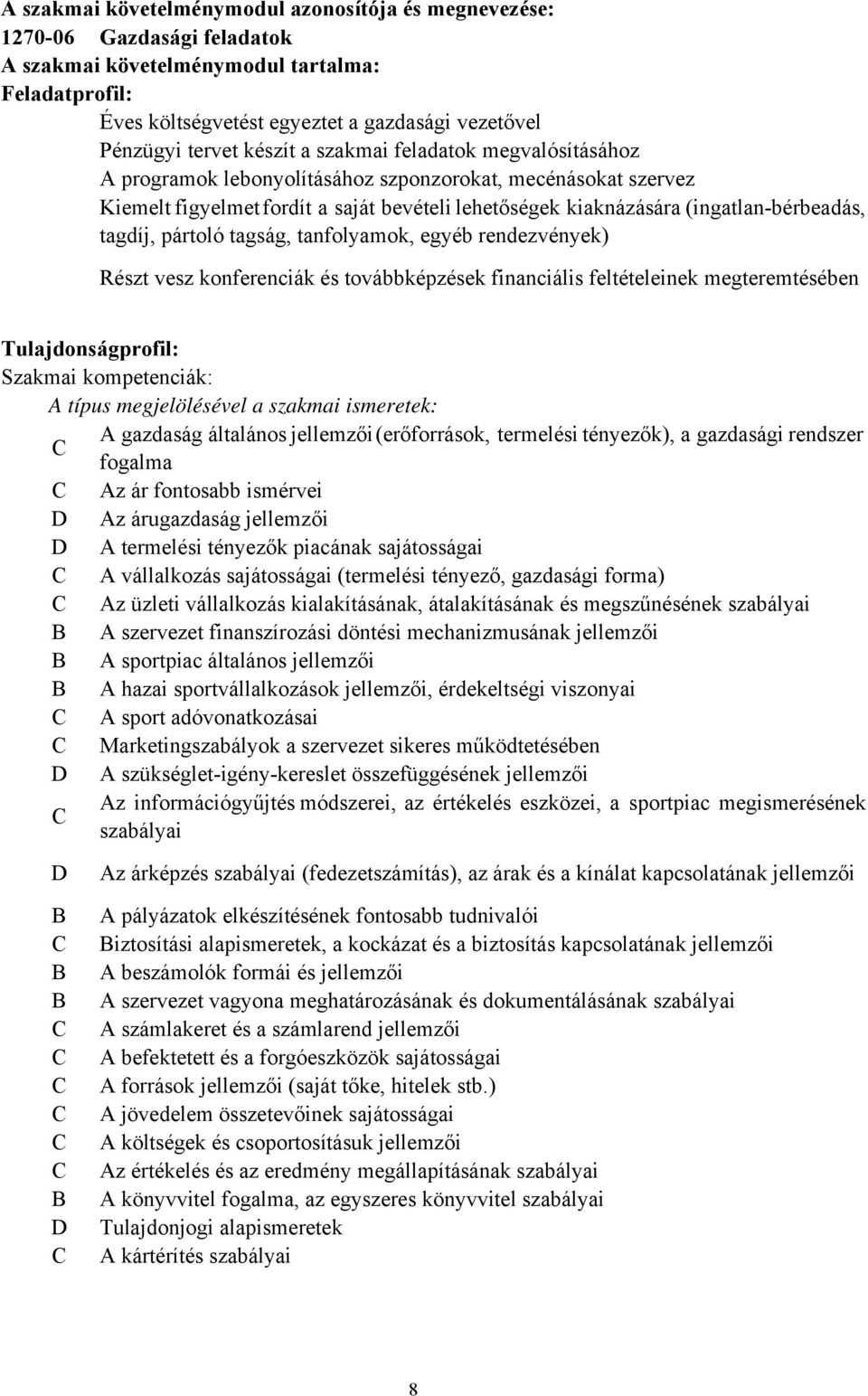 (ingatlan-bérbeadás, tagdíj, pártoló tagság, tanfolyamok, egyéb rendezvények) Részt vesz konferenciák és továbbképzések financiális feltételeinek megteremtésében Tulajdonságprofil: Szakmai