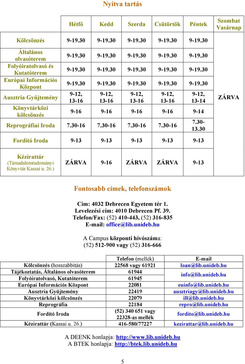 30-16 7.30-16 7.30-16 7.30-16 7.30-13.30 ZÁRVA Fordító Iroda 9-13 9-13 9-13 9-13 9-13 Kézirattár (Társadalomtudományi Könyvtár Kassai u. 26.