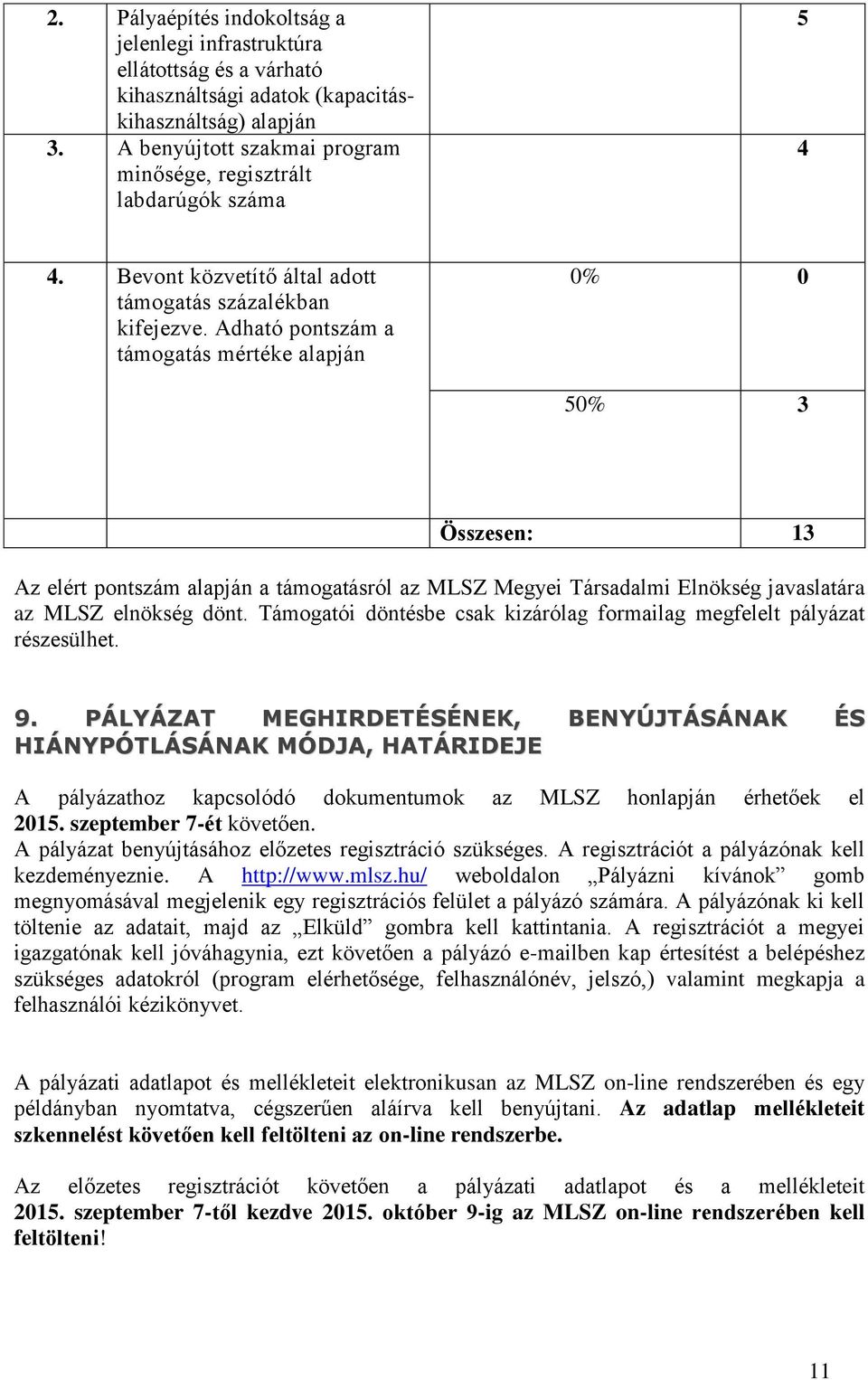 Adható pontszám a támogatás mértéke alapján 0% 0 50% 3 Összesen: 13 Az elért pontszám alapján a támogatásról az MLSZ Megyei Társadalmi Elnökség javaslatára az MLSZ elnökség dönt.