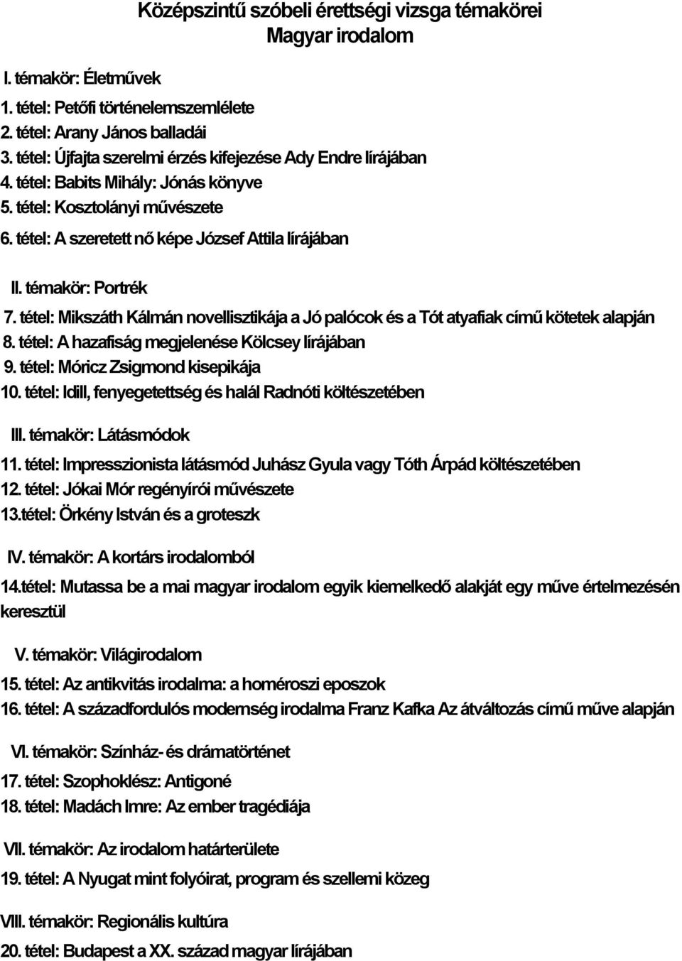 témakör: Portrék 7. tétel: Mikszáth Kálmán novellisztikája a Jó palócok és a Tót atyafiak című kötetek alapján 8. tétel: A hazafiság megjelenése Kölcsey lírájában 9.