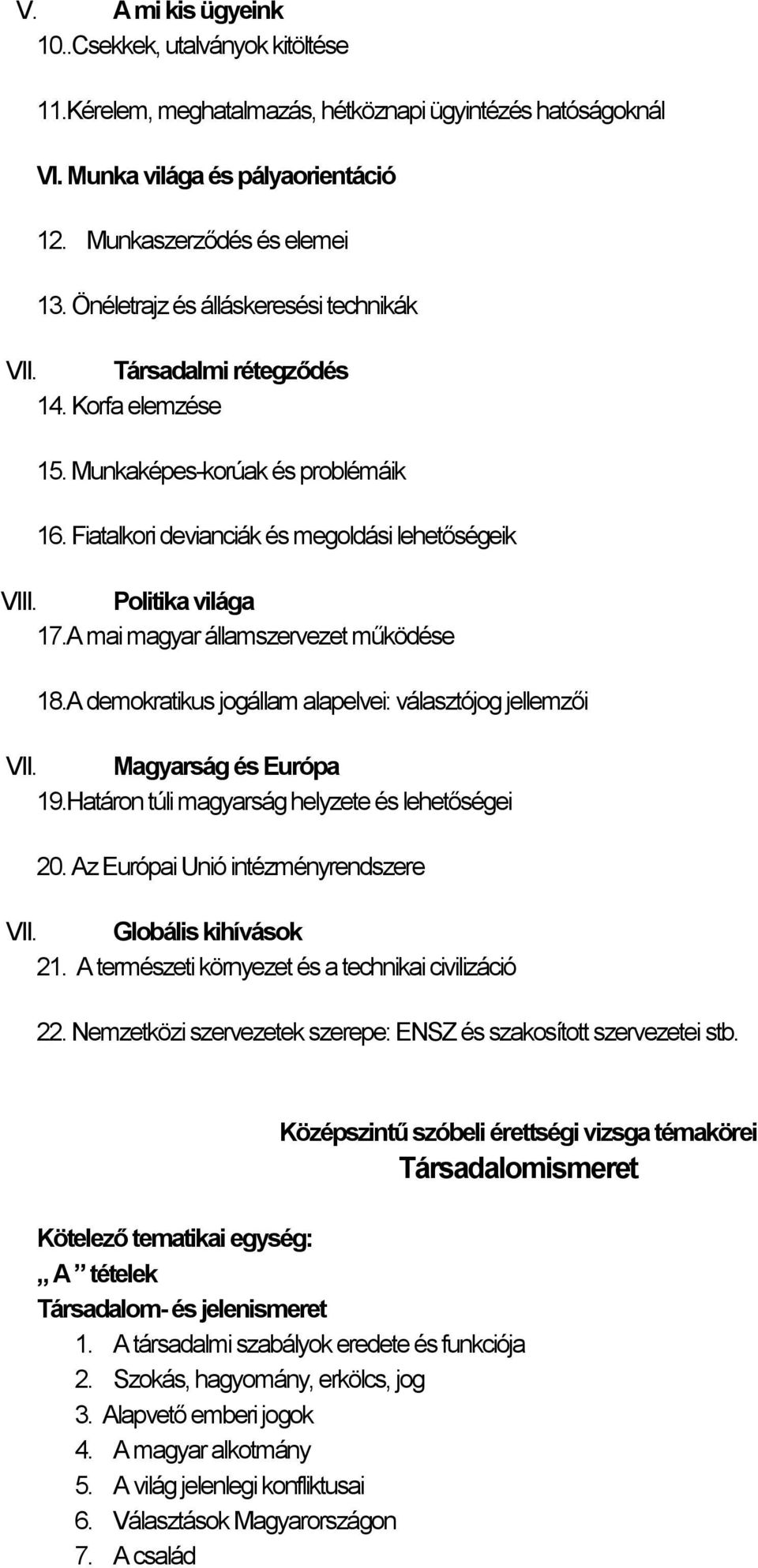 A mai magyar államszervezet működése 18.A demokratikus jogállam alapelvei: választójog jellemzői VII. Magyarság és Európa 19.Határon túli magyarság helyzete és lehetőségei 20.