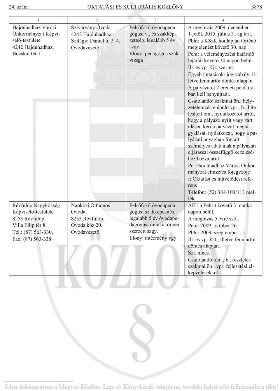 Óvodavezetõ Napközi Otthonos Óvoda 8253 Révfülöp, Óvoda köz 20. Óvodavezetõ Felsõfokú óvodapedagógusi v., és szakképzettség, legalább 5 év szgy.