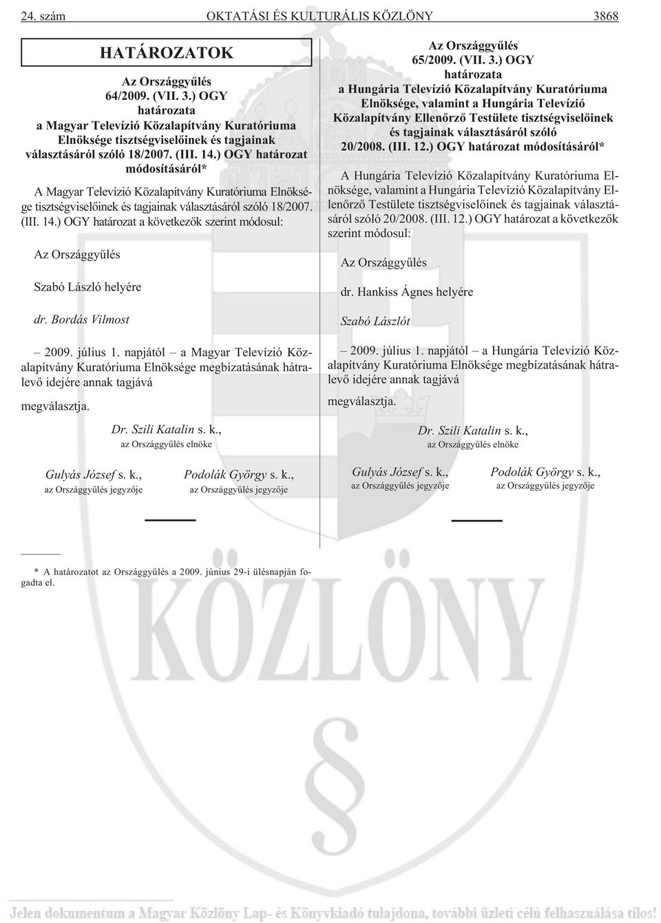 Bordás Vilmost 2009. július 1. napjától a Magyar Televízió Közalapítvány Kuratóriuma Elnöksége megbízatásának hátralevõ idejére annak tagjává megválasztja. Dr. Szili Katalin s. k.