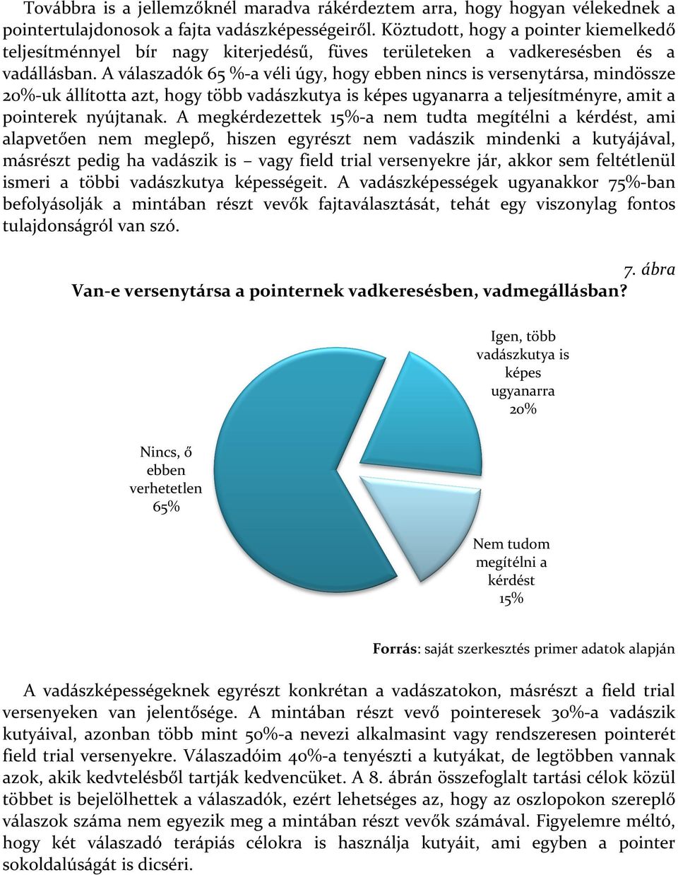 A válaszadók 65 %-a véli úgy, hogy ebben nincs is versenytársa, mindössze 20%-uk állította azt, hogy több vadászkutya is képes ugyanarra a teljesítményre, amit a pointerek nyújtanak.