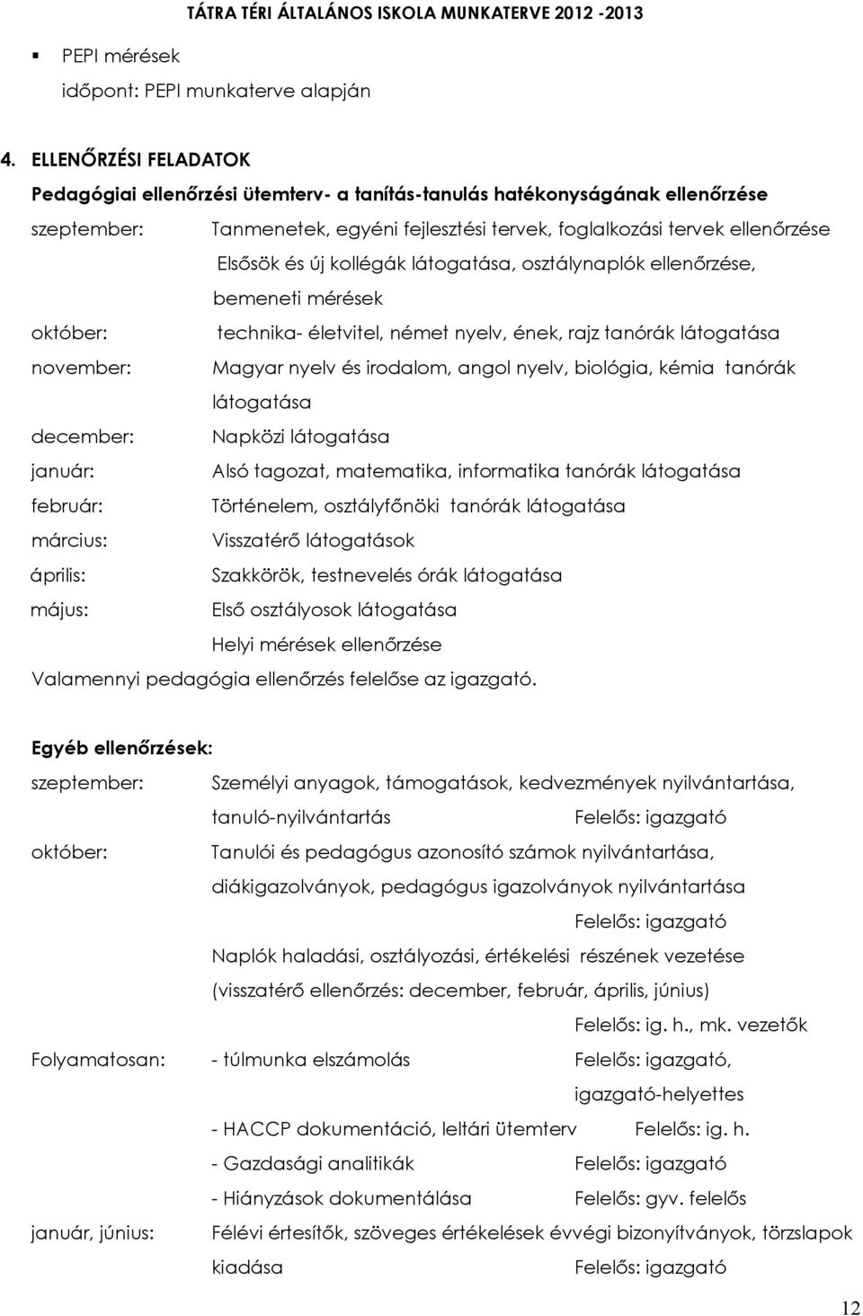 kollégák látogatása, osztálynaplók ellenőrzése, bemeneti mérések október: technika- életvitel, német nyelv, ének, rajz tanórák látogatása november: Magyar nyelv és irodalom, angol nyelv, biológia,