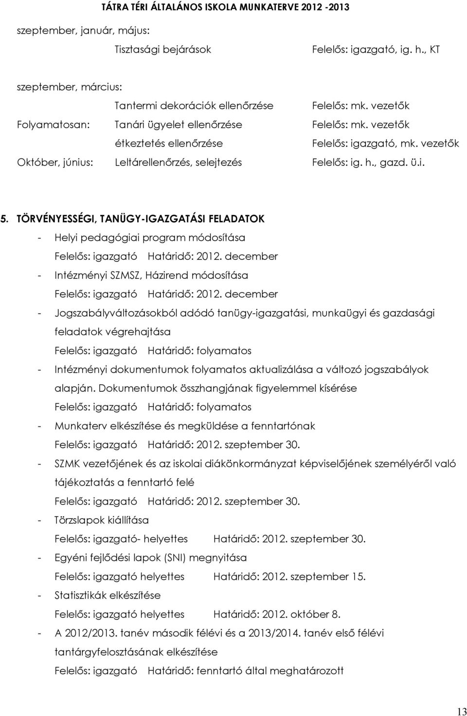 TÖRVÉNYESSÉGI, TANÜGY-IGAZGATÁSI FELADATOK - Helyi pedagógiai program módosítása Felelős: igazgató Határidő: 2012. december - Intézményi SZMSZ, Házirend módosítása Felelős: igazgató Határidő: 2012.