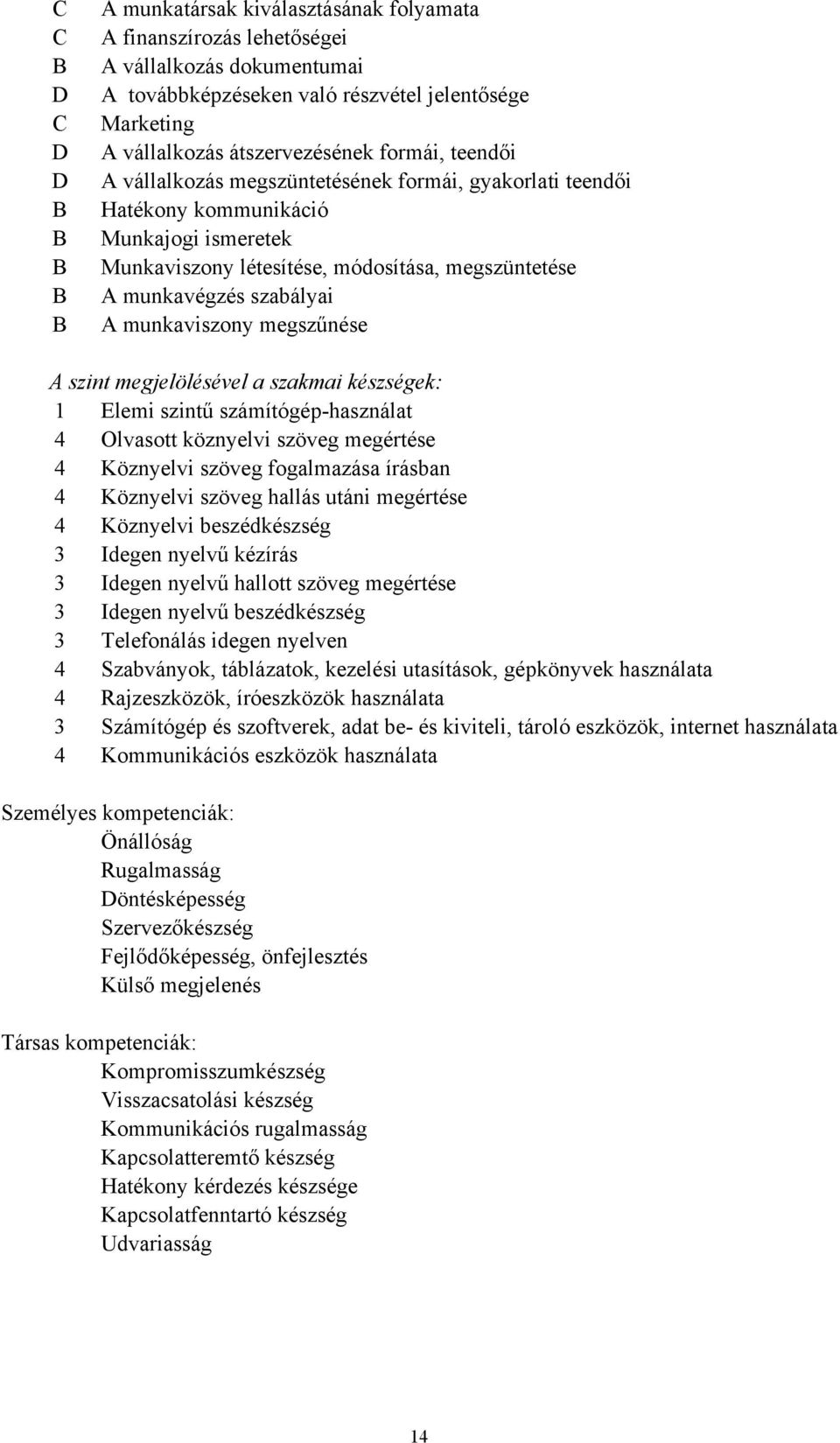 munkaviszony megszűnése A szint megjelölésével a szakmai készségek: 1 Elemi szintű számítógép-használat 4 Olvasott köznyelvi szöveg megértése 4 Köznyelvi szöveg fogalmazása írásban 4 Köznyelvi szöveg