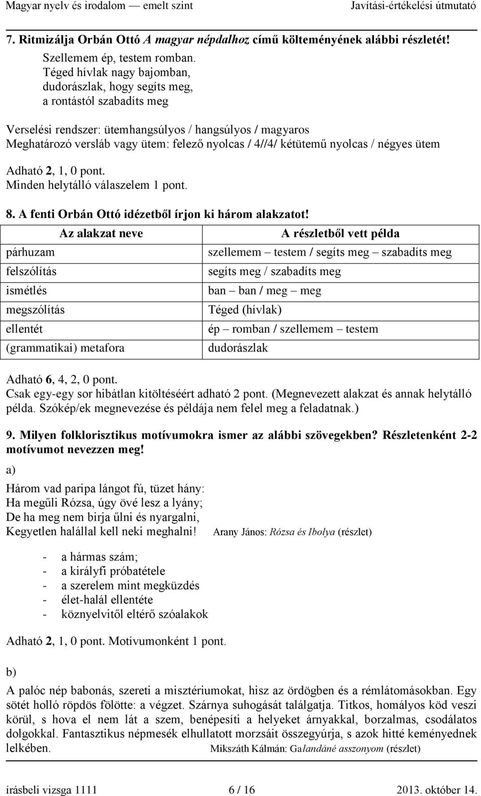 kétütemű nyolcas / négyes ütem Adható 2, 1, 0. Minden helytálló válaszelem 1. 8. A fenti Orbán Ottó idézetből írjon ki három alakzatot!