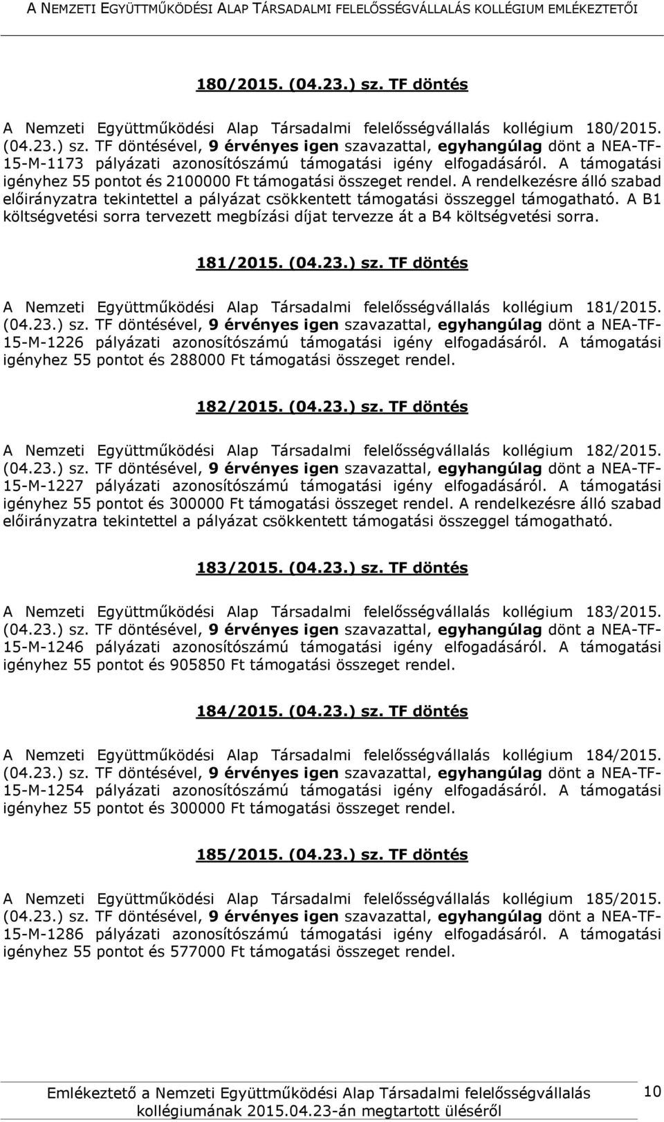 (04.23.) sz. TF döntés A Nemzeti Együttműködési Alap Társadalmi felelősségvállalás kollégium 181/2015. 15-M-1226 pályázati azonosítószámú támogatási igény elfogadásáról.
