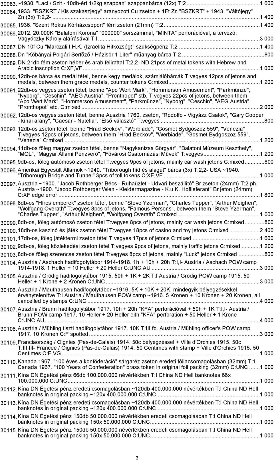 000K "Balatoni Korona" "000000" sorszámmal, "MINTA" perforációval, a tervező, Vagyóczky Károly aláírásával T:I...3 000 30087.DN 10f Cu "Marczali I.H.K. (Izraelita Hitközség)" szükségpénz T:2.