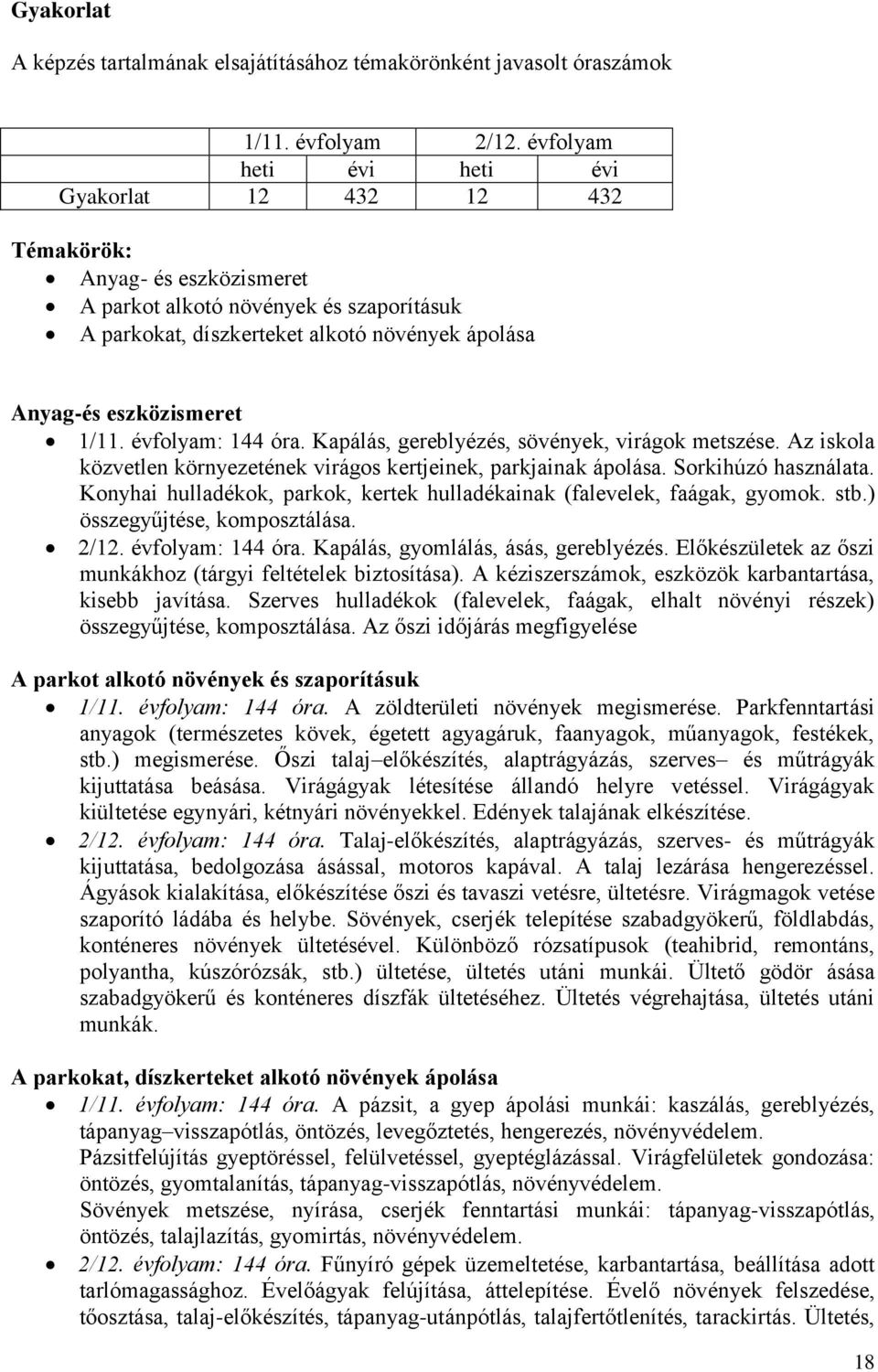 1/11. évfolyam: 144 óra. Kapálás, gereblyézés, sövények, virágok metszése. Az iskola közvetlen környezetének virágos kertjeinek, parkjainak ápolása. Sorkihúzó használata.