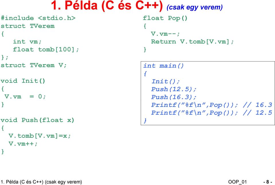 Példa (C és C++) (csak egy verem) float Pop() V.vm--; Return V.tomb[V.