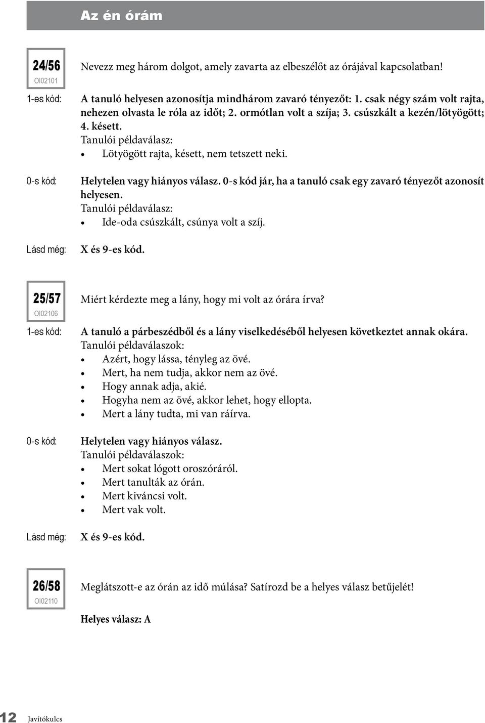 0-s kód jár, ha a tanuló csak egy zavaró tényezőt azonosít helyesen. Tanulói példaválasz: Ide-oda csúszkált, csúnya volt a szíj. 25/57 oi02106 Miért kérdezte meg a lány, hogy mi volt az órára írva?