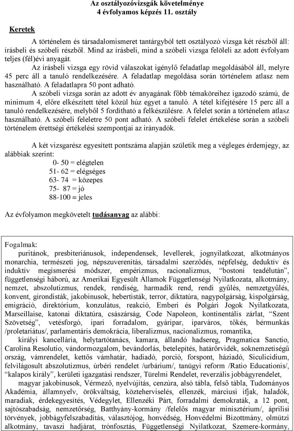 Az írásbeli vizsga egy rövid válaszokat igénylő feladatlap megoldásából áll, melyre 45 perc áll a tanuló rendelkezésére. A feladatlap megoldása során történelem atlasz nem használható.