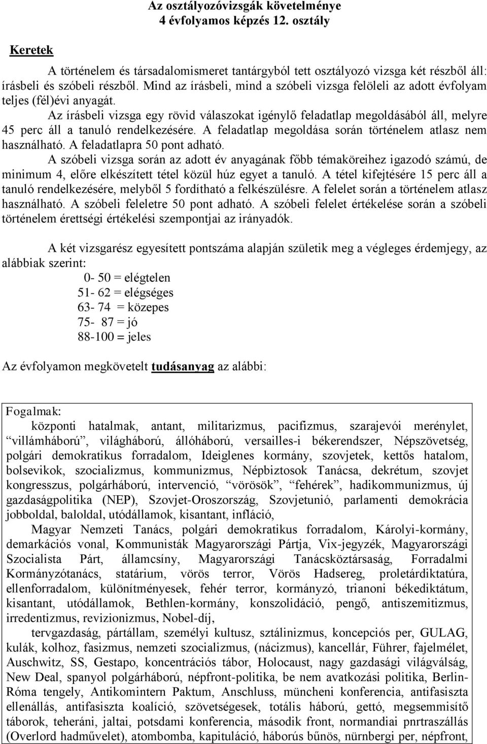 Az írásbeli vizsga egy rövid válaszokat igénylő feladatlap megoldásából áll, melyre 45 perc áll a tanuló rendelkezésére. A feladatlap megoldása során történelem atlasz nem használható.