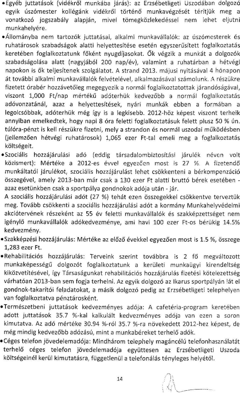 Állományba nem tartozók juttatásai, alkalmi munkavállalók: az úszómesterek és ruhatárosok szabadságok alatti helyettesítése esetén egyszerűsített foglalkoztatás keretében foglalkoztatunk főként