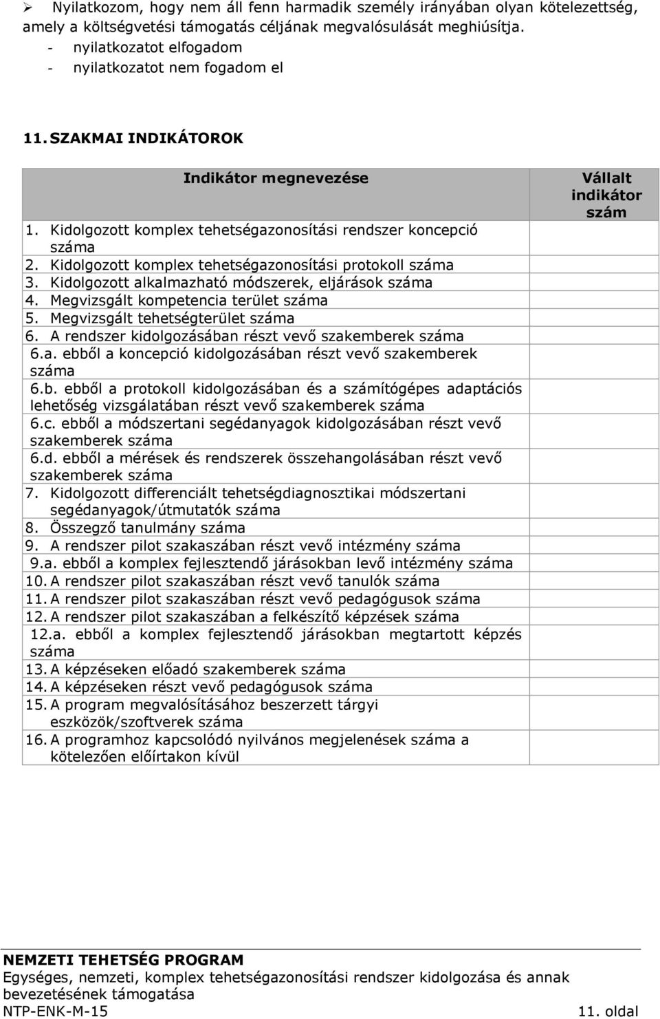 Kidolgozott komplex tehetségazonosítási protokoll száma 3. Kidolgozott alkalmazható módszerek, eljárások száma 4. Megvizsgált kompetencia terület száma 5. Megvizsgált tehetségterület száma 6.