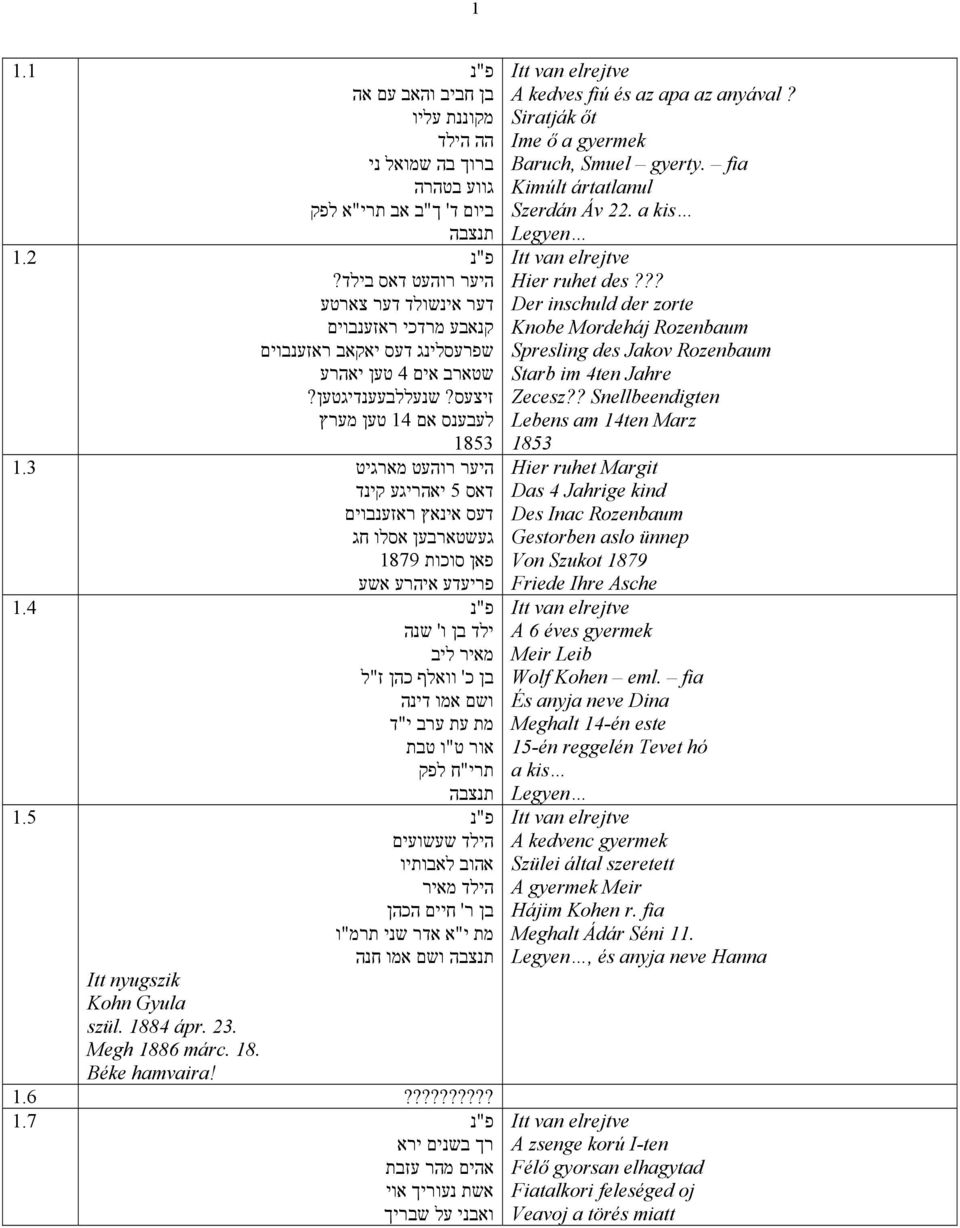 3 דאס 5 יאהריגע קינד דעס אינאץ ראזענבוים געשטארבען אסלו חג פאן סוכות 1879 פריעדע איהרע אשע פ "נ 1.4 ילד בן ו' שנה מאיר ליב בן כ' וואלף כהן ז"ל ושם אמו דינה מת עת ערב י"ד אור ט"ו טבת תרי"ח לפק פ "נ 1.