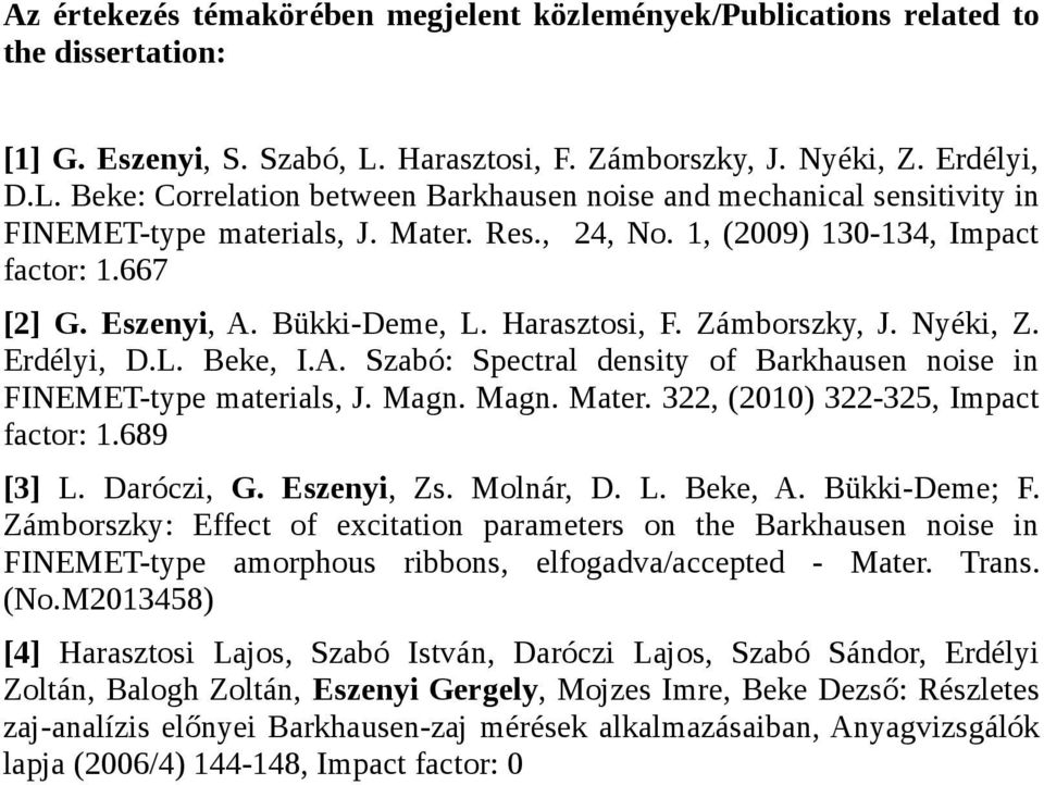 1, (2009) 130-134, Impact factor: 1.667 [2] G. Eszenyi, A. Bükki-Deme, L. Harasztosi, F. Zámborszky, J. Nyéki, Z. Erdélyi, D.L. Beke, I.A. Szabó: Spectral density of Barkhausen noise in FINEMET-type materials, J.