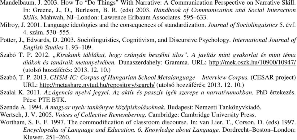 Journal of Sociolinguistics 5. évf. 4. szám. 530 555. Potter, J., Edwards, D. 2003. Sociolinguistics, Cognitivism, and Discursive Psychology. International Journal of English Studies 1. 93 109.