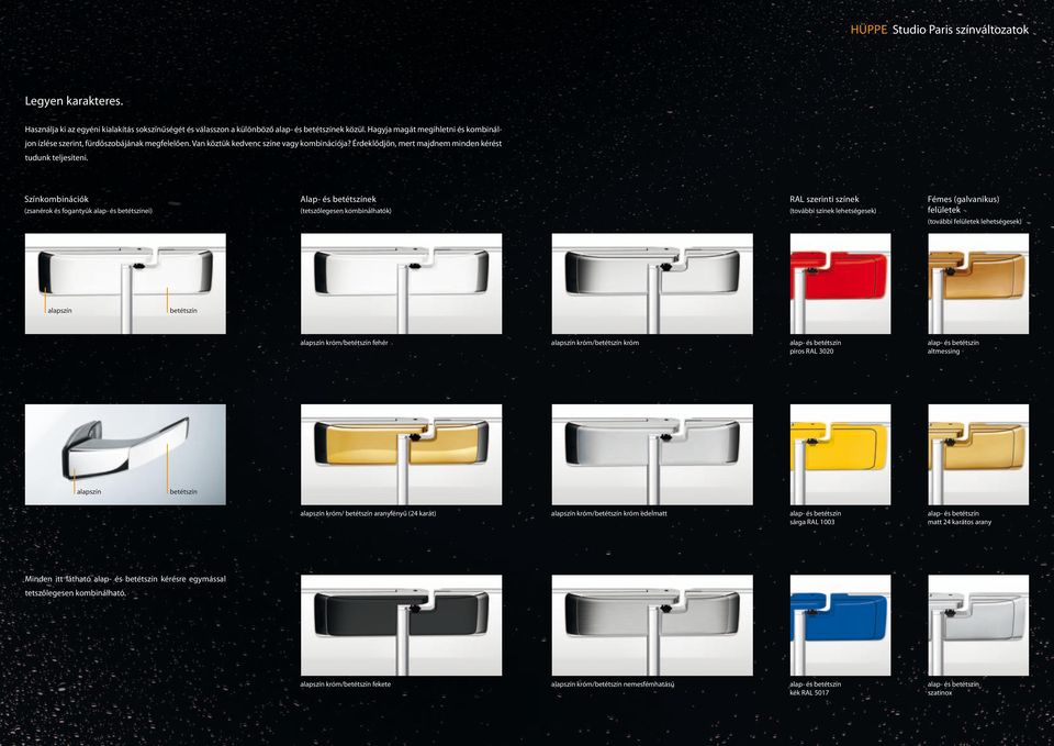 Színkombinációk (zsanérok és fogantyúk alap- és betétszínei) Alap- és betétszínek (tetszőlegesen kombinálhatók) RAL szerinti színek (további színek lehetségesek) Fémes (galvanikus) felületek (további