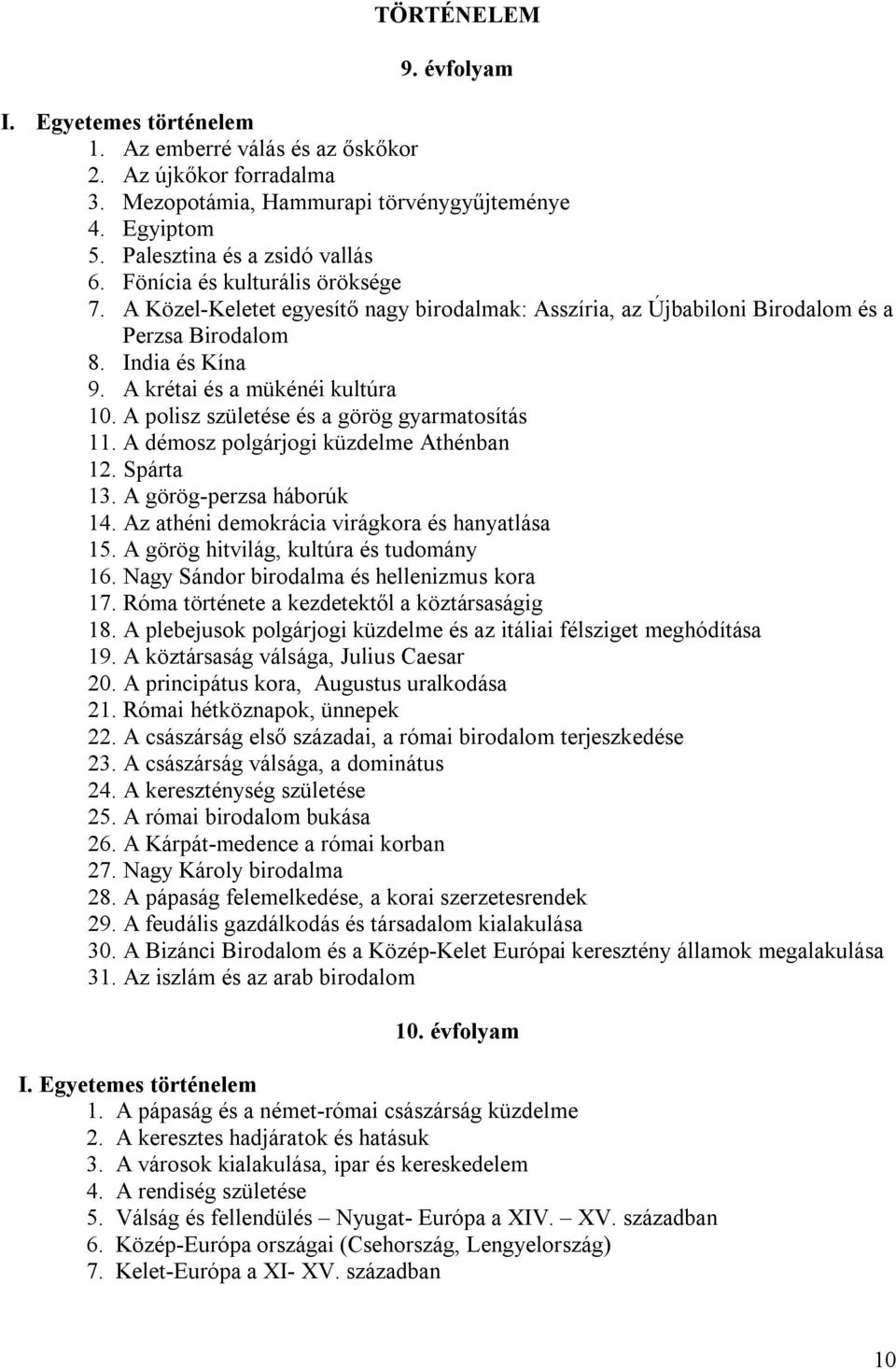 A polisz születése és a görög gyarmatosítás 11. A démosz polgárjogi küzdelme Athénban 12. Spárta 13. A görög-perzsa háborúk 14. Az athéni demokrácia virágkora és hanyatlása 15.