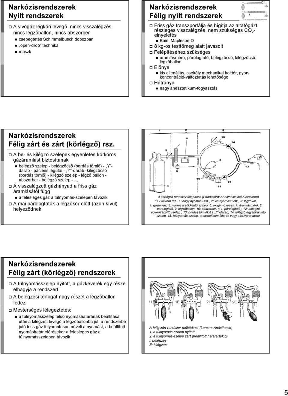 szükséges áramlásmérő, párologtató, belégzőcső, kilégzőcső, légzőballon Előnye kis ellenállás, csekély mechanikai holttér, gyors koncentráció-változtatás lehetősége Hátránya nagy