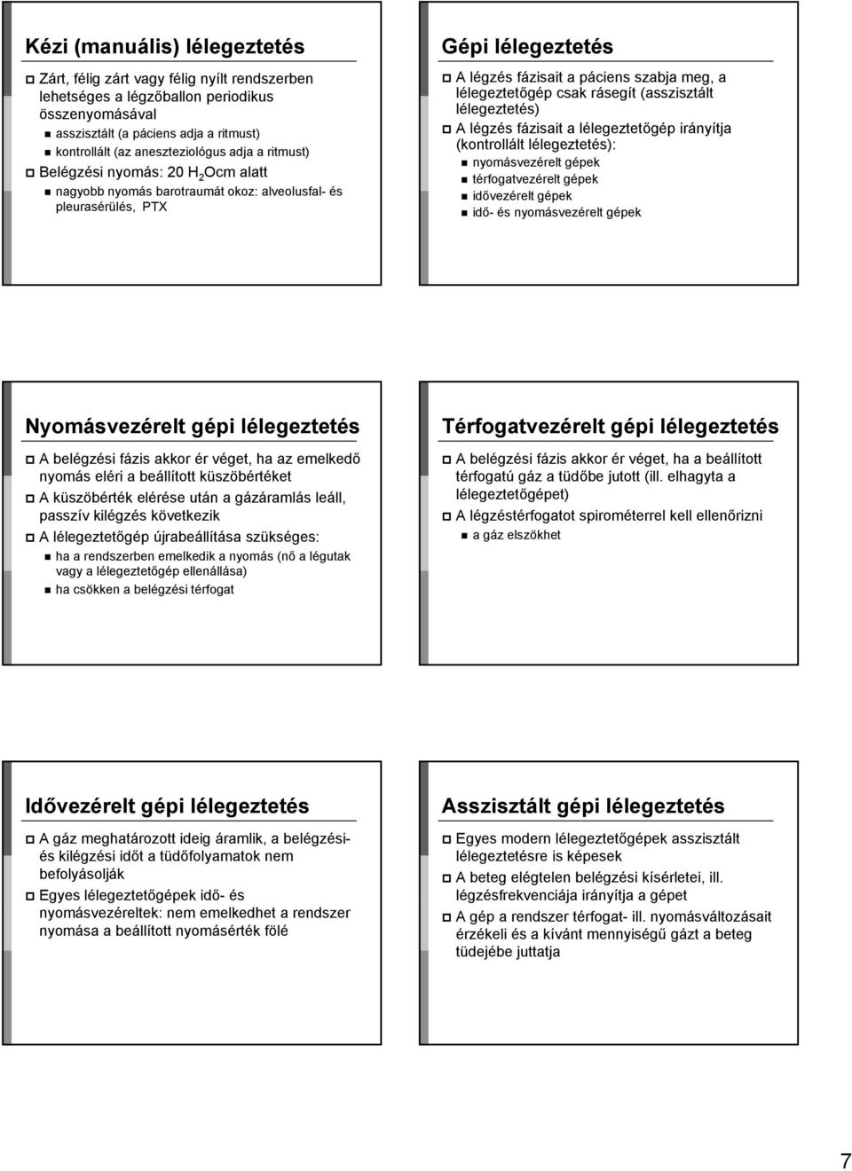 rásegít (asszisztált lélegeztetés) A légzés fázisait a lélegeztetőgép irányítja (kontrollált lélegeztetés): nyomásvezérelt gépek térfogatvezérelt gépek idővezérelt gépek idő- és nyomásvezérelt gépek