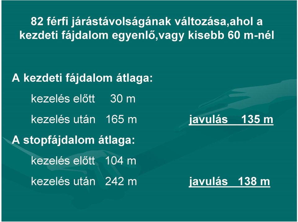 kezelés előtt 30 m kezelés után 165 m javulás 135 m A