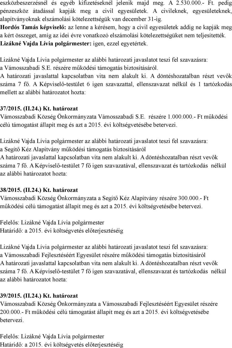 Hordós Tamás képviselő: az lenne a kérésem, hogy a civil egyesületek addig ne kapják meg a kért összeget, amíg az idei évre vonatkozó elszámolási kötelezettségüket nem teljesítették.