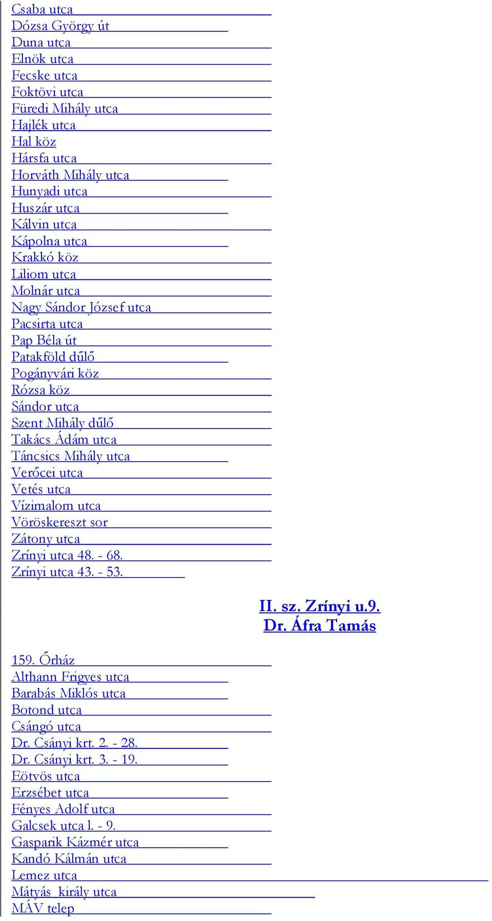 Verőcei utca Vetés utca Vízimalom utca Vöröskereszt sor Zátony utca Zrínyi utca 48. - 68. Zrínyi utca 43. - 53. II. sz. Zrínyi u.9. Dr. Áfra Tamás 159.