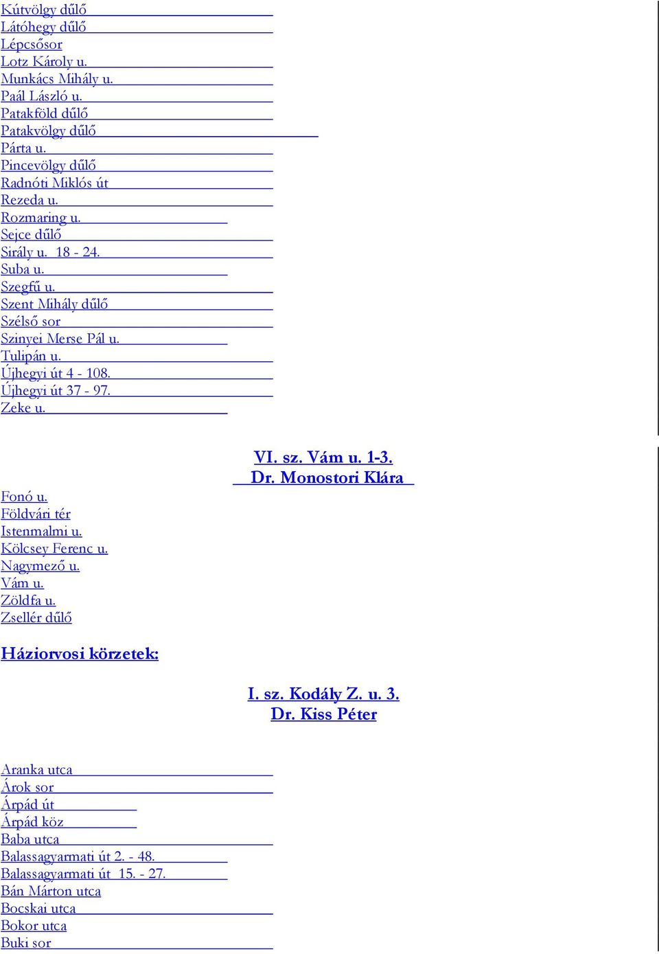 Földvári tér Istenmalmi u. Kölcsey Ferenc u. Nagymező u. Vám u. Zöldfa u. Zsellér dűlő VI. sz. Vám u. 1-3. Dr. Monostori Klára Háziorvosi körzetek: I. sz. Kodály Z. u. 3.