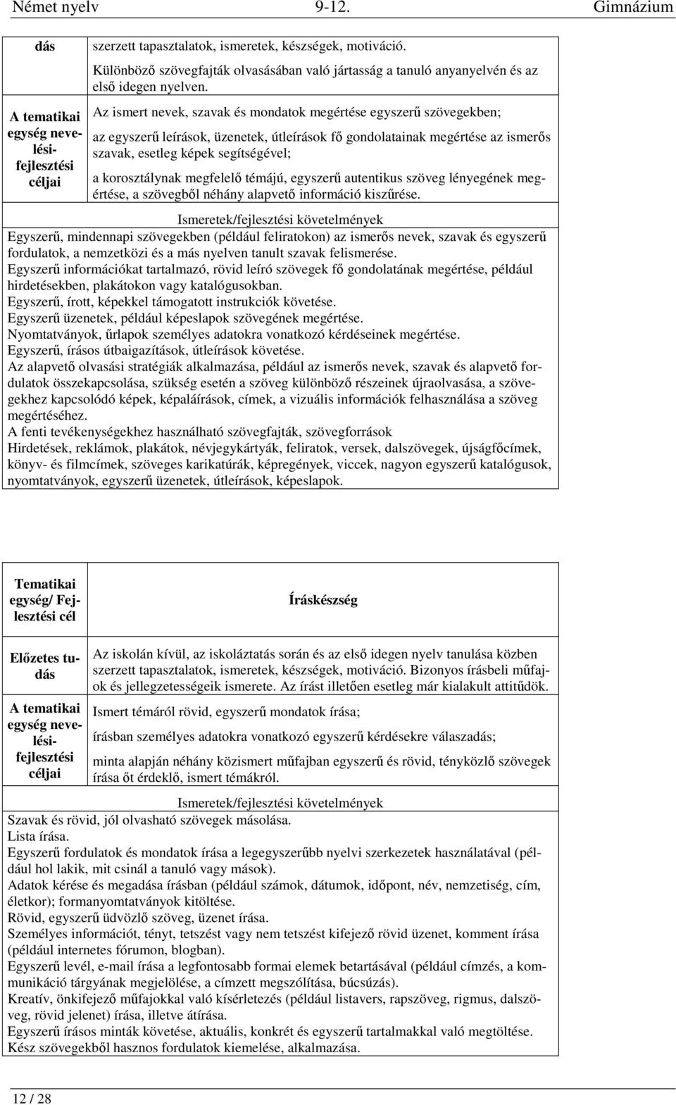 korosztálynak megfelelő témájú, egyszerű autentikus szöveg lényegének megértése, a szövegből néhány alapvető információ kiszűrése.