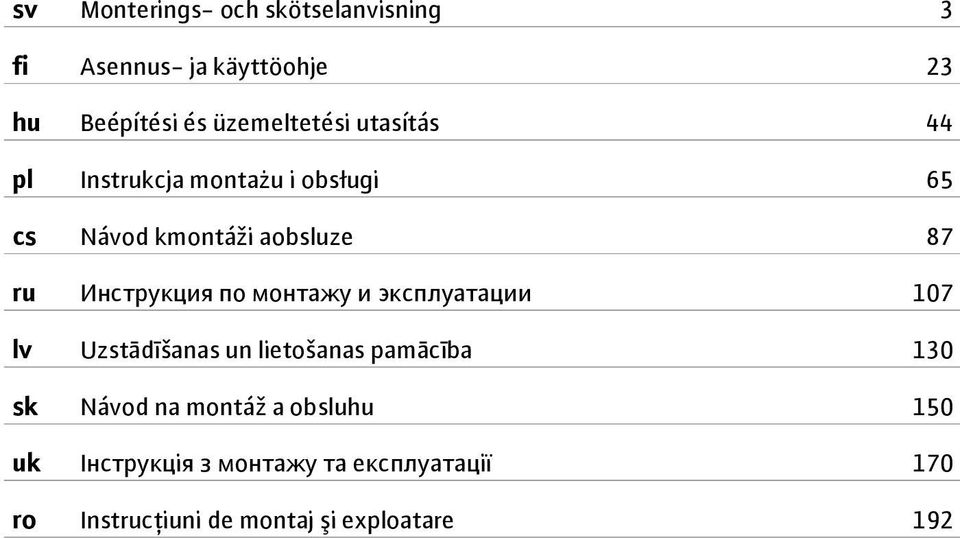 Инструкция по монтажу и эксплуатации 107 lv Uzstādīšanas un lietošanas pamācība 130 sk Návod