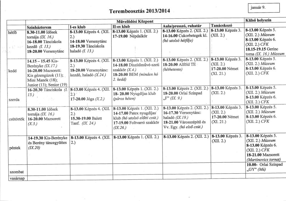 00 Versenytánc (hó utolsó héifője) 8-13.00 Képzés 6. kezdő (L 13.) 18-19.30 Tánciskola (XII. 2.) CFK 18-20.00 Versenytáric haladó (L 13.) 18.15-19.15 Gerinc 14.15 15.45 torna (IX 16.