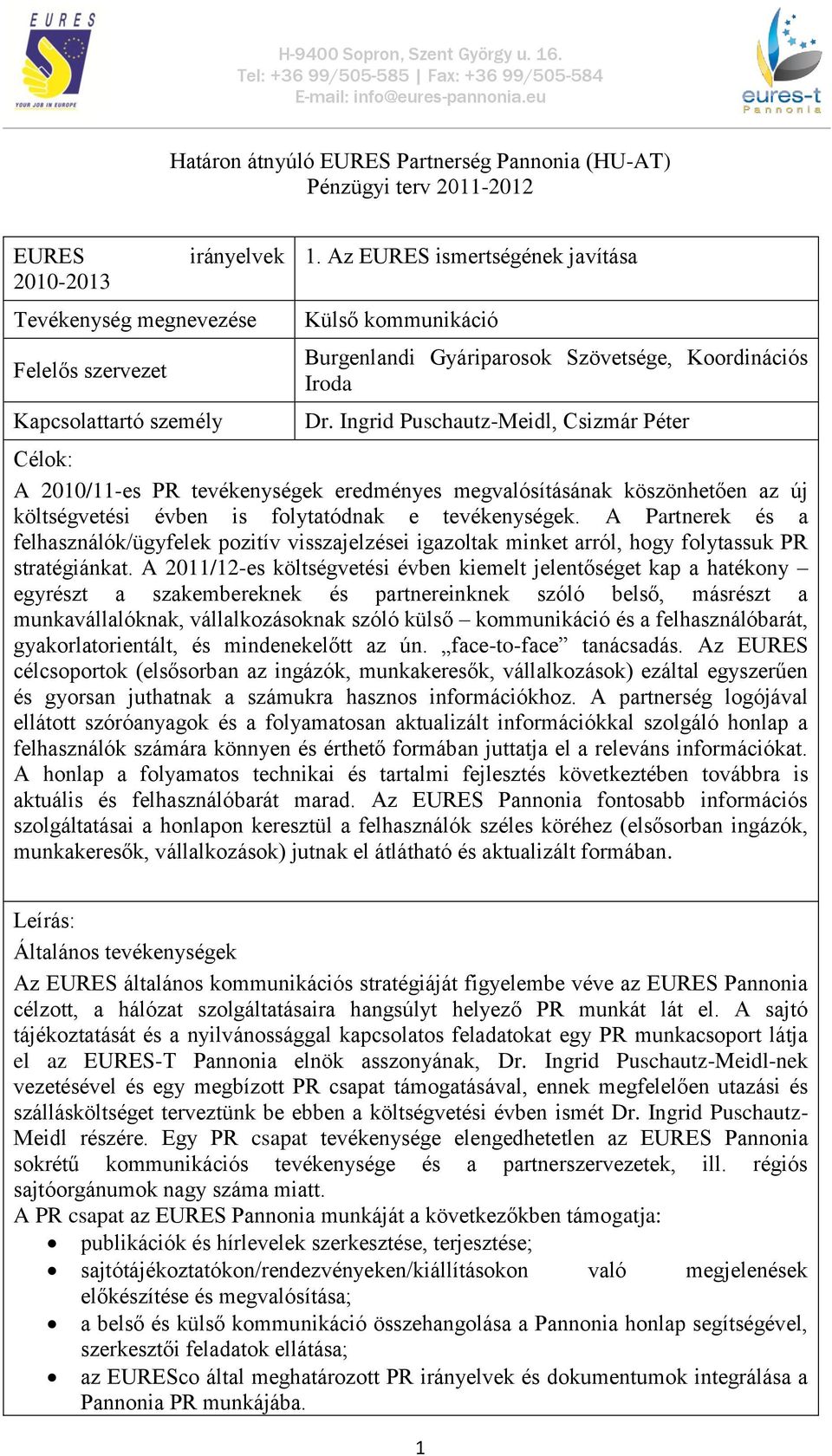 Ingrid Puschautz-Meidl, Csizmár Péter Célok: A 2010/11-es PR tevékenységek eredményes megvalósításának köszönhetően az új költségvetési évben is folytatódnak e tevékenységek.