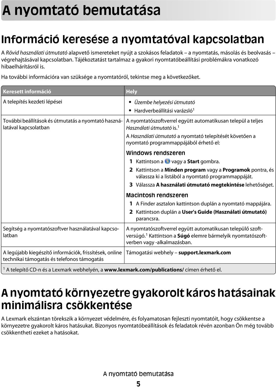 Keresett információ A telepítés kezdeti lépései További beállítások és útmutatás a nyomtató használatával kapcsolatban Hely Üzembe helyezési útmutató Hardverbeállítási varázsló 1 A