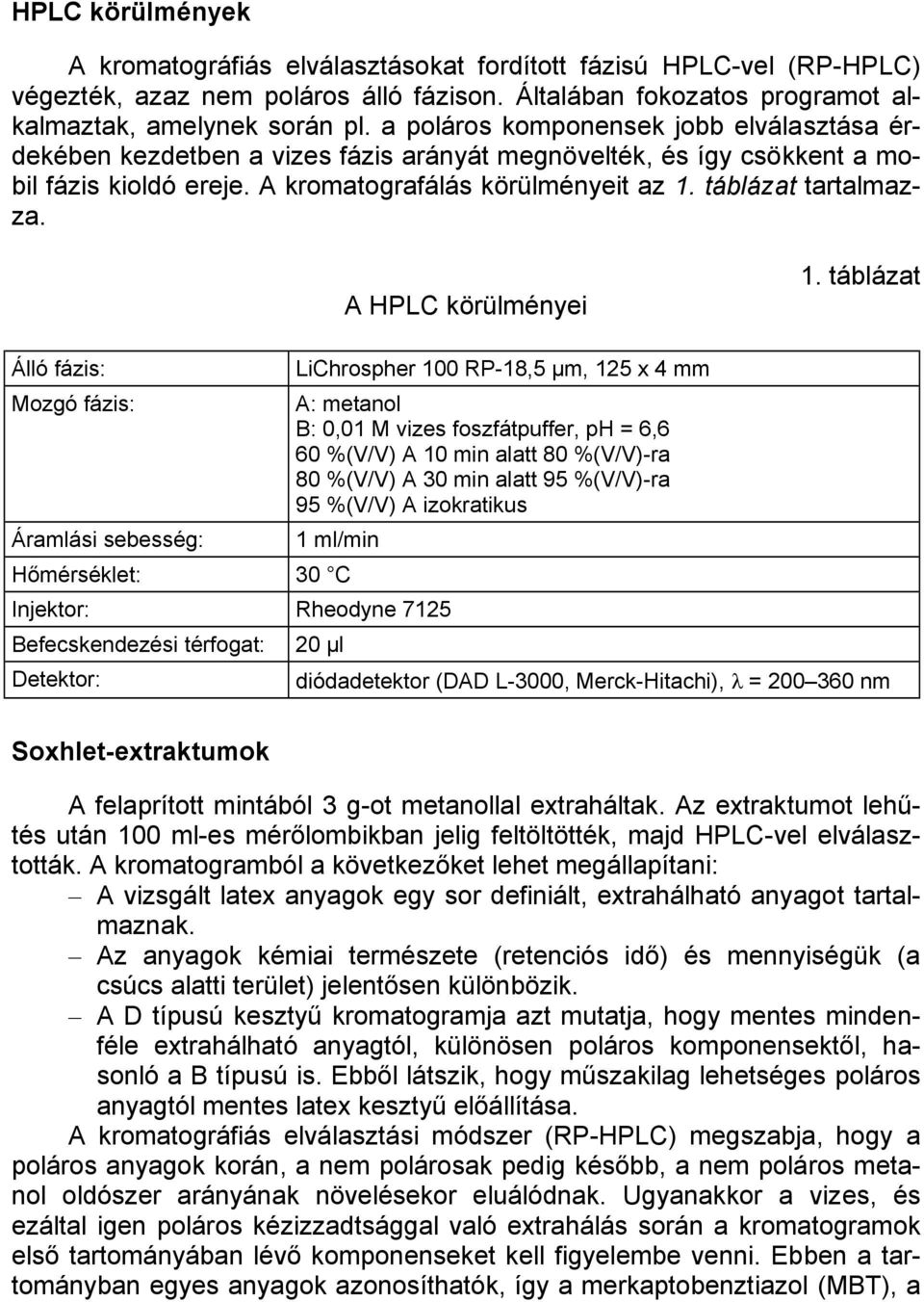 A HPLC körülményei 1.