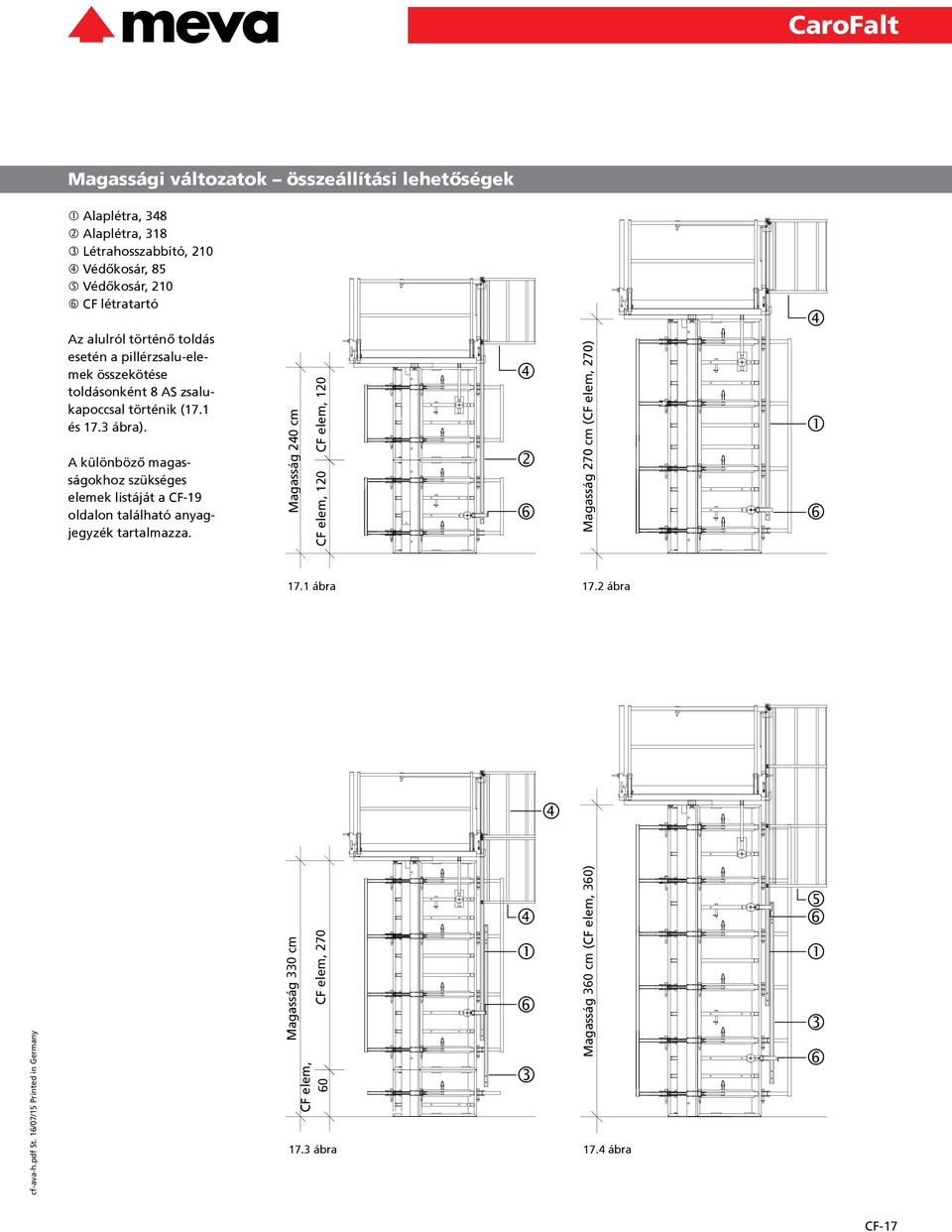 A különböző magasságokhoz szükséges elemek listáját a CF-19 oldalon található anyagjegyzék tartalmazza.