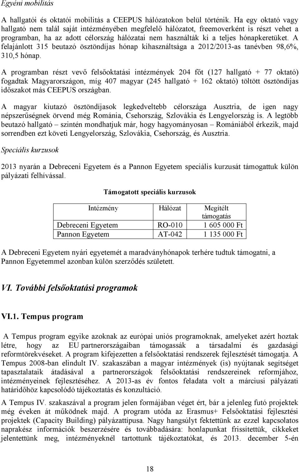 A felajánlott 315 beutazó ösztöndíjas hónap kihasználtsága a 2012/2013-as tanévben 98,6%, 310,5 hónap.