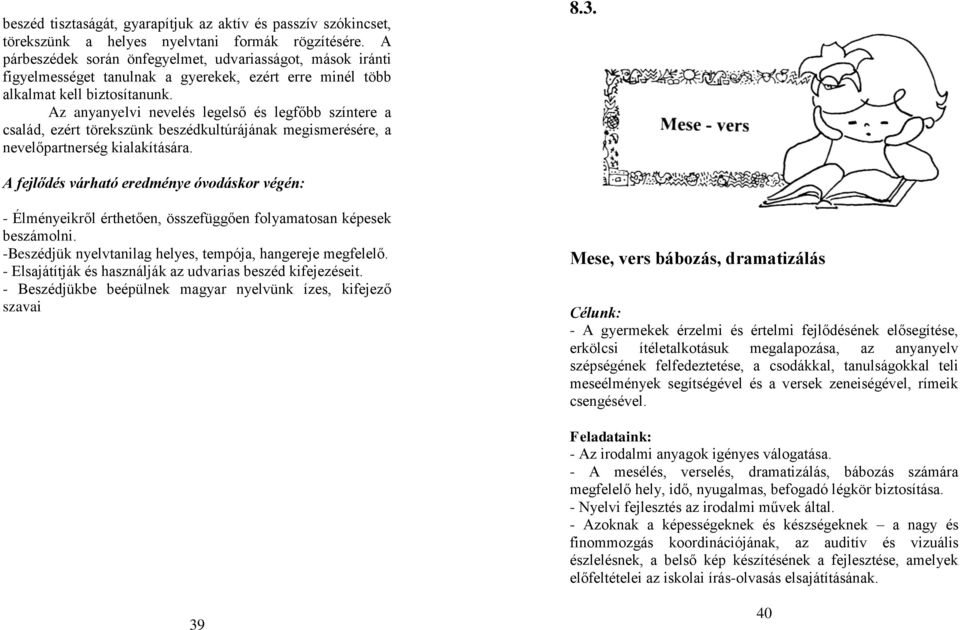 Az anyanyelvi nevelés legelső és legfőbb színtere a család, ezért törekszünk beszédkultúrájának megismerésére, a nevelőpartnerség kialakítására. 8.3.