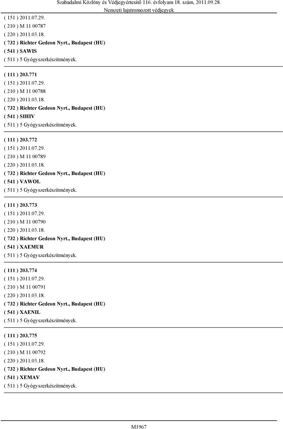 772 ( 210 ) M 11 00789 ( 541 ) VAWOL ( 111 ) 203.